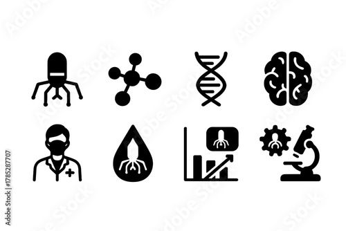 Medical research solid icon set. Science, lab, and microbiology symbols collection