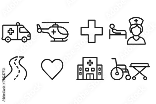 Healthcare and medical line icon set. Ambulance, hospital, and nurse symbols collection