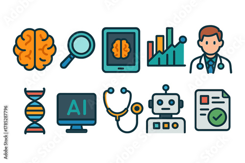Medical, healthcare flat icon set. Ai, technology, diagnosis, doctor, robotics icons collection