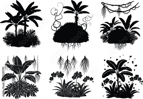 Tropical jungle plants vector illustration, exotic leaves, banana trees, orchid flowers, rainforest foliage, botanical silhouettes, nature decoration, tropical garden elements, black design set