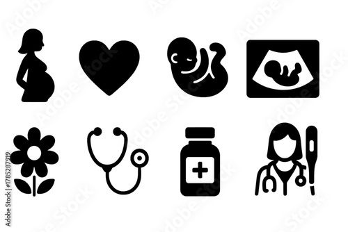 Pregnancy and healthcare solid icon set. Maternity, medical icons solid collection