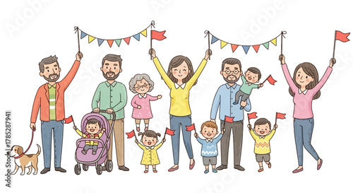 Happy Family Event – Generations Celebrating with Flags and Kids Illustration