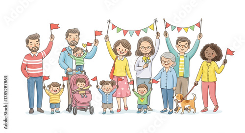 Happy Multi-Generation Family Celebration – Parents, Children, and Grandparents Illustration