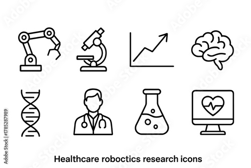 Healthcare robotics research icon set. Biotechnology, medicine, laboratory icons outline.