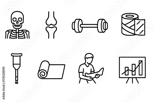 Medical and fitness outline icon set. Health, rehabilitation symbols for wellness.