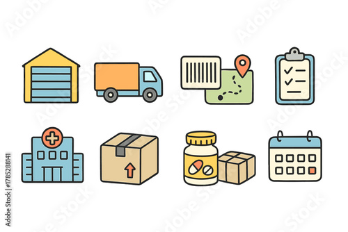Logistics and delivery flat icon set. Shipping, packaging icons flat collection