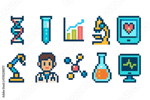 Science and technology pixel icon set. Medical, research, laboratory icons in pixel art