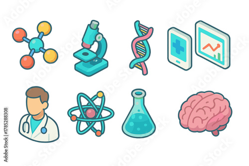 Science, medical flat icon set. Laboratory, healthcare, research flat icons collection