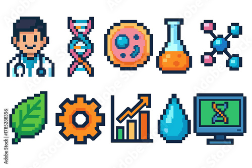 Science and technology pixel icon set. Education, research, genome pixel art collection