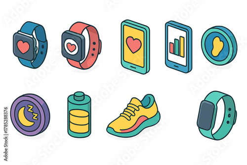Fitness and health 3d icon set. Wearable technology, activity tracker icons collection