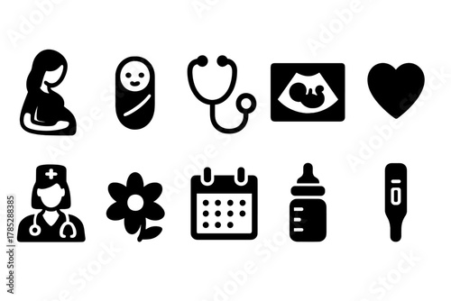 Pregnancy and newborn solid icon set. Baby, mother, health symbols collection