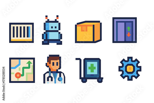 Logistics, robotics flat icon set. Shipping, automation, navigation icons collection