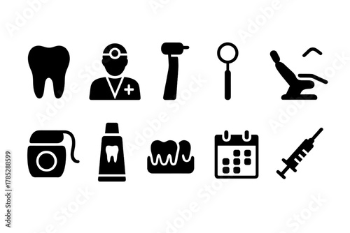 Dental, healthcare silhouette icon set. Dentistry, oral care symbols silhouette collection