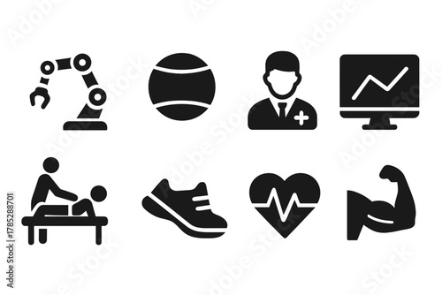 Healthcare, fitness solid icon set. Medical, wellness, exercise icons solid collection