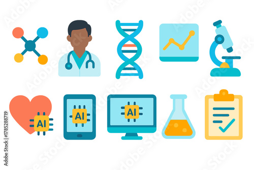 Science, medical flat icon set. Ai, healthcare, biotechnology flat icons collection