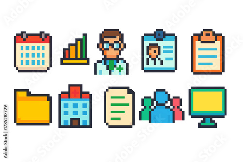 Office and business pixel icon set. Professional line, work, and data symbols collection.
