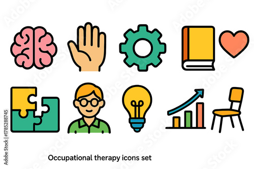 Occupational therapy flat icon set. Rehabilitation, wellness, therapy icons collection