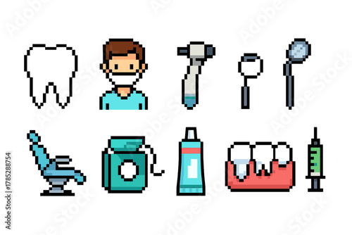 Dental care pixel icon set. Dentist tools, oral hygiene pixel art collection