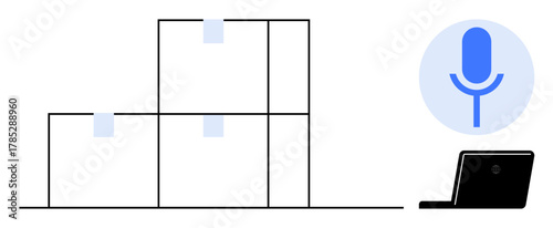 Microphone icon adjacent to laptop and grid with notes conveys task organization, productivity, and voice interaction. Ideal for technology, workflow, organization, innovation, smart tools