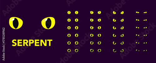 Set of yellow serpent glowing eyes dark background fantasy magic cartoon animal reptile feline mammal monster demon dragon shiny pupil vector illustration