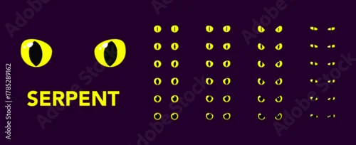 Fototapeta samoprzylepna Set of yellow serpent glowing eyes dark background fantasy magic cartoon animal reptile feline mammal monster demon dragon shiny pupil vector illustration