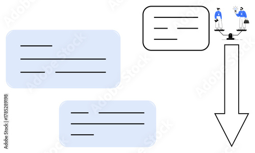 Scales with two individuals, large arrow, and rectangular text blocks representing decision-making. Ideal for teamwork, balance, comparison, equality, business strategy, prioritization