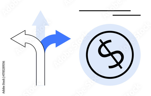 Arrow paths diverging, representing choices, next to a dollar sign icon. Ideal for finance, decision-making, strategy, investment planning, economic analysis budgeting savings. Simple flat metaphor