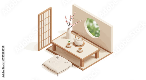 Serene japanese tea room illustration with traditional elements and decor