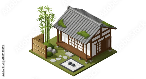 Isometric tranquil Japanese house with garden and minimalist zen details