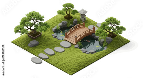Isometric tranquil japanese garden illustration featuring serene landscape