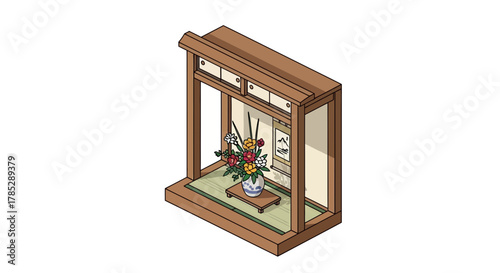 Isometric vector illustration of japanese butsudan with flower arrangement