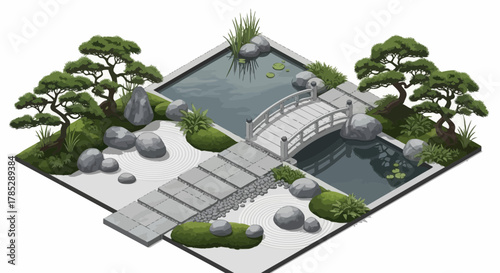 Isometric vector illustration of zen garden with pond and bridge scenery