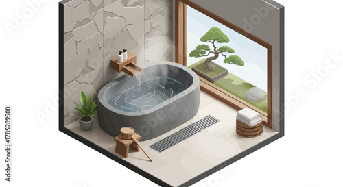 Isometric view of tranquil Japanese style bathroom with bonsai tree