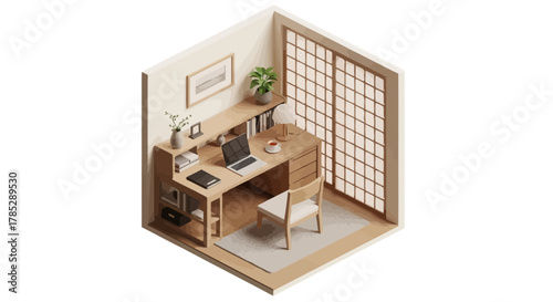 Isometric Workspace Illustration, Computer on Desk, Window, Cozy Home Office