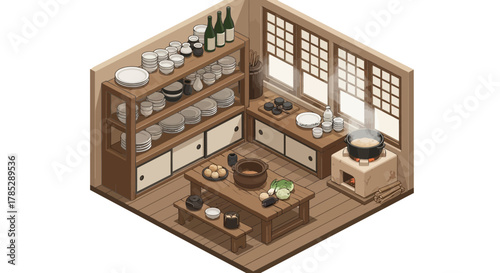 Isometric view showcasing a traditional Japanese kitchen and its serene ambiance