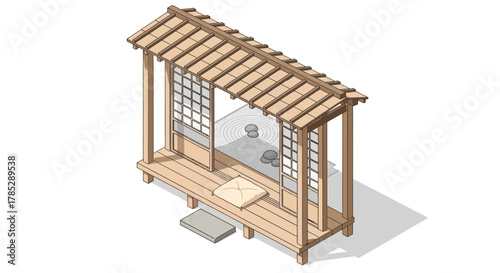 Isometric zen garden architecture illustration perfect tranquility retreat