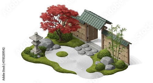 Isometric Zen Garden Illustration Featuring Stone Lantern and Red Maple