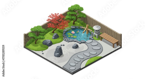 Isometric zen garden illustration showcasing serenity and mindfulness concept
