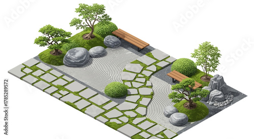 Isometric zen garden illustration featuring rocks, sand patterns and nature