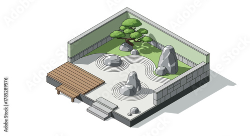 Isometric Zen Garden Illustration showcasing tranquility and harmony design