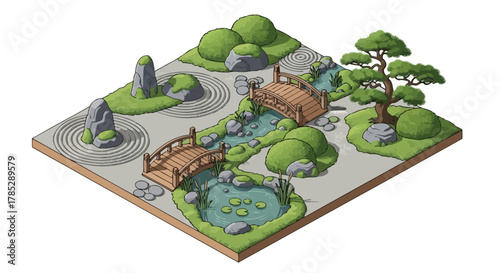 Isometric zen garden illustration with bridges and pond in a serene landscape