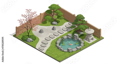 Isometric zen garden illustration showcasing peace tranquility and serenity