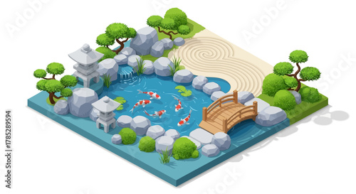 Isometric Zen Garden Illustration with Koi Fish and Miniature Bridge