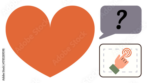 Large heart, question chat bubble, and hand tapping screen evoke emotional decision-making and inquiry. Ideal for love, communication, technology, choices, help, empathy and engagement as a simple
