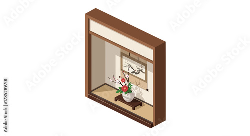 Minimalist Japanese Interior Illustration Featuring Ikebana Arrangement