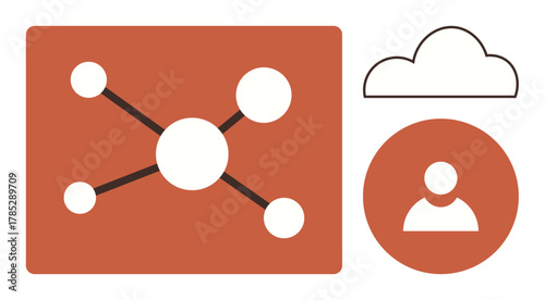 Diagram with network nodes, profile avatar, and cloud element conveying technology, teamwork, data sharing, and digital transformation. Ideal for innovation, collaboration, communication