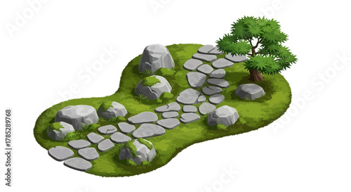 Scenic garden landscape with stone pathway and lush tree, an idyllic cartoon illustration