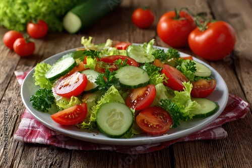 Fresh Green Salad with Red Tomatoes and Cucumbers on White Plate with Wooden Table Background High Angle Close Up