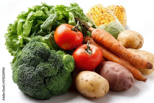 Fresh Vegetables Assortment with Broccoli Carrots Corn and Tomatoes on White Background