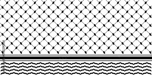 Classical keffiyeh black and white pattern. Traditional oriental head scarf or neckerchief print. Simple gometric absract textile texture. Middle eastern fabric design. Vector graphic illustration.
